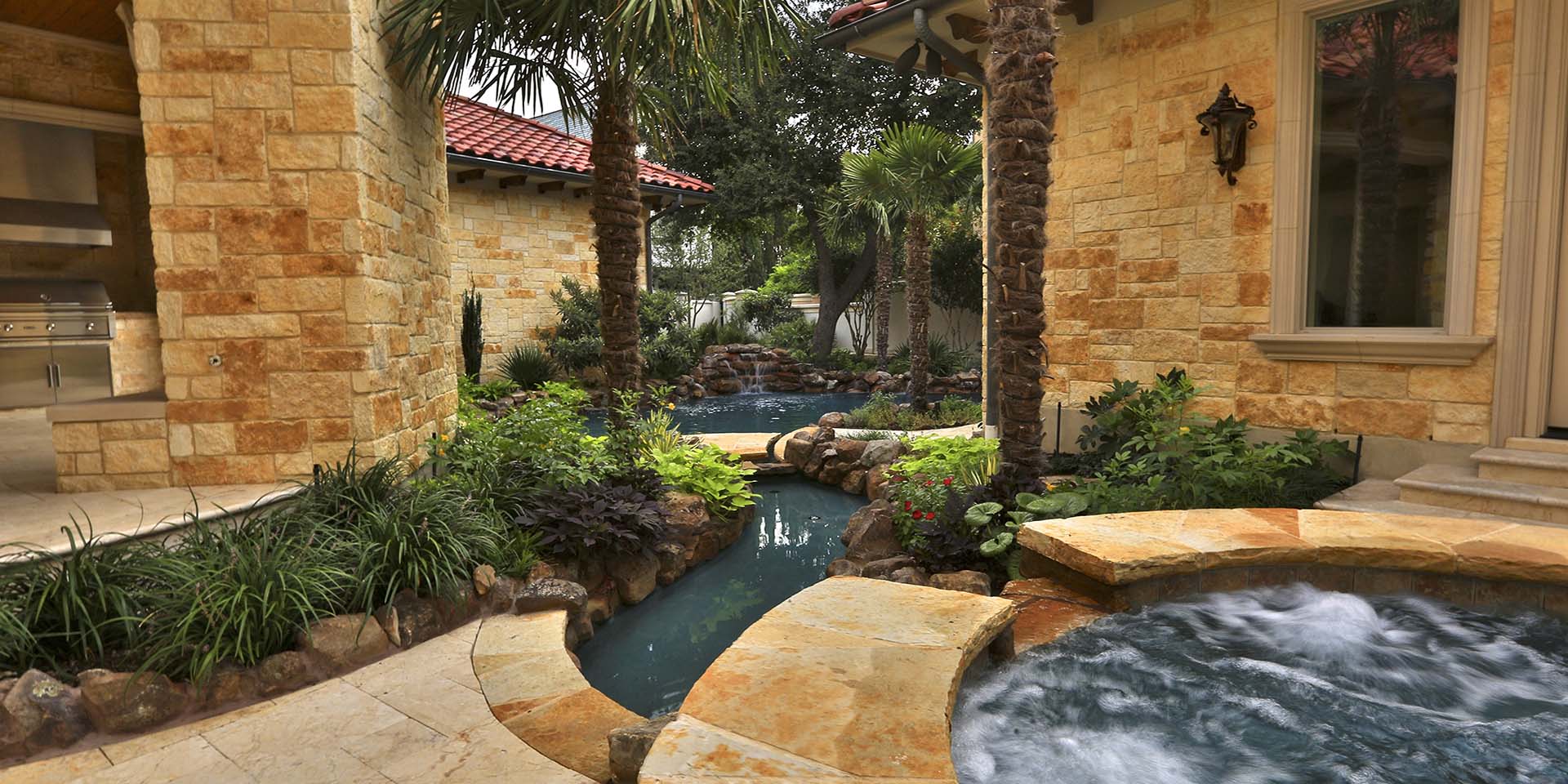 Tropical Atrium Pool spa detail - tropical Mediterranean landscape design by Original Landscape Concepts in Dallas